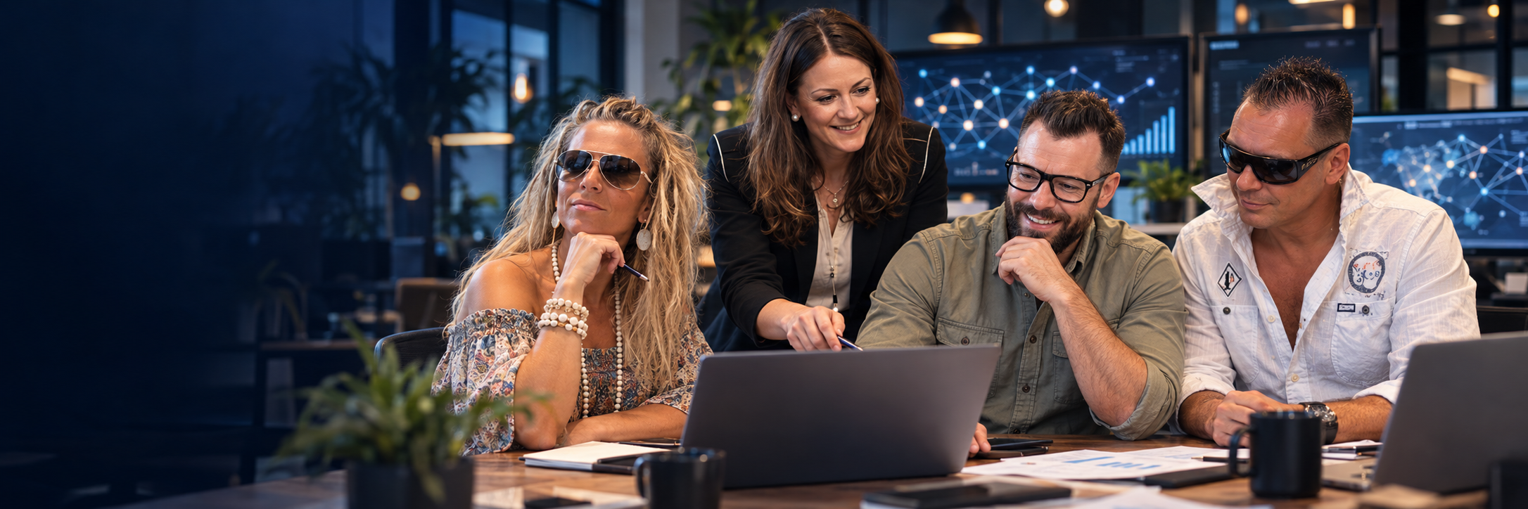 Het team werkt samen aan linkbuilding in een modern bureau